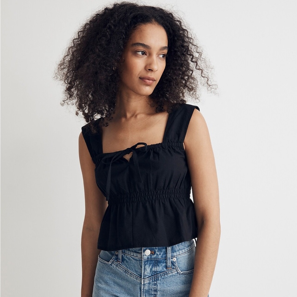 MADEWELL SMOCKED TIE FRONT TANK TOP BLACK SIZE 0 NWT